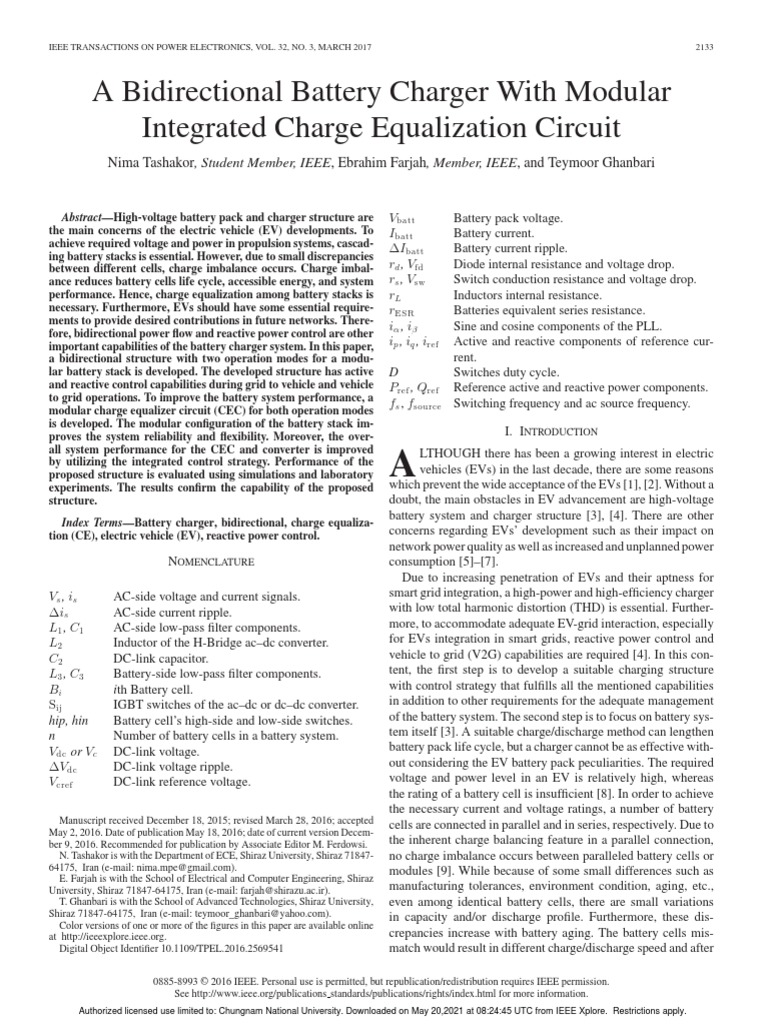 A Bidirectional Battery Charger With Modular Integrated Charge