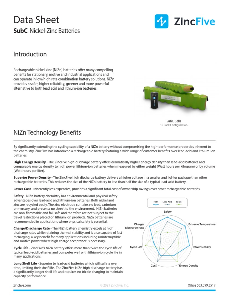 Data Sheet Subc NickelZinc Batteries PDF Rechargeable Battery