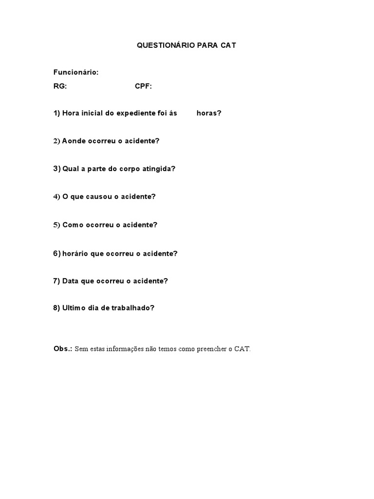 Questionário para Cat | PDF