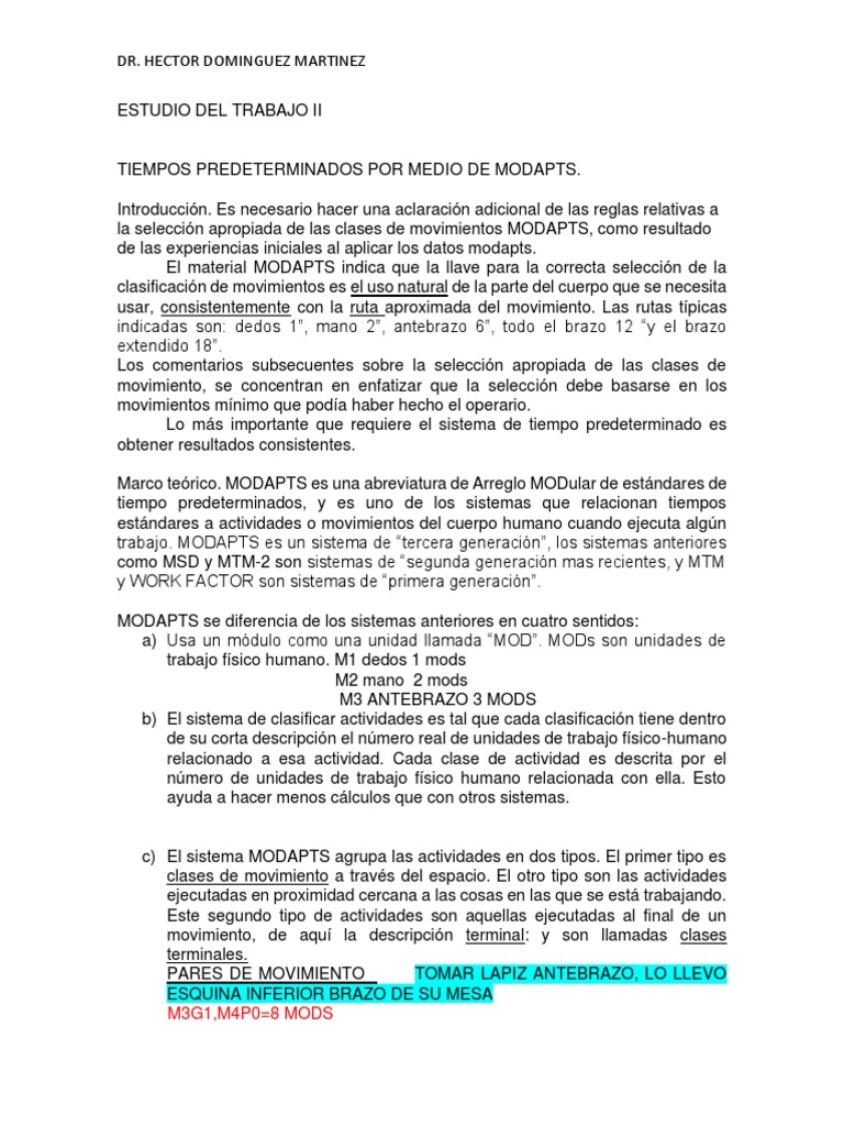 Ejemplo de MODAPTS en Tiempos Predeterminados | PDF | Ritmo | Mente