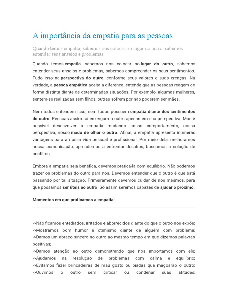 A Importância da Empatia no Cotidiano | PDF | Empatia | Sentimento