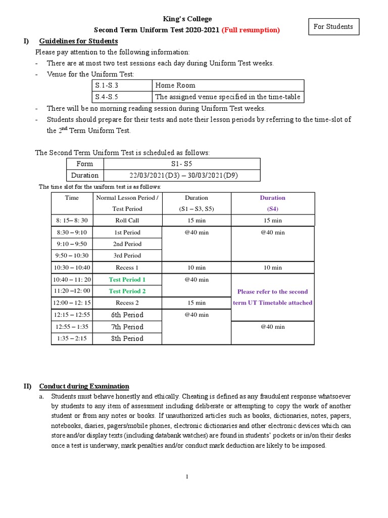 King's College Second Term Uniform Test 20202021 I) Guidelines For