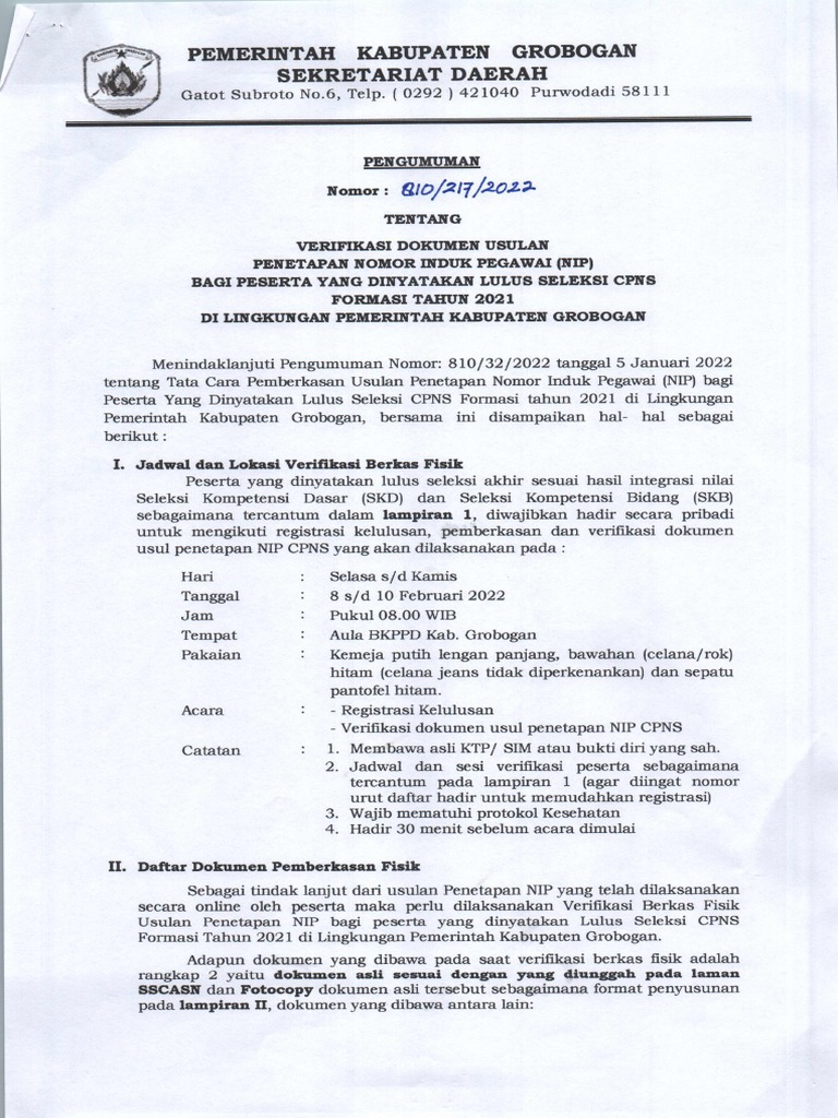 Pengumuman Pemberkasan Nip CPNS Form 2021 | PDF