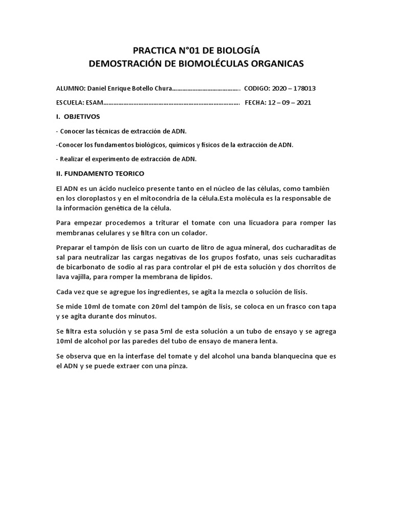 Daniel Enrique Botello Chura 2020-178013 | PDF | Solución tampón | Adn