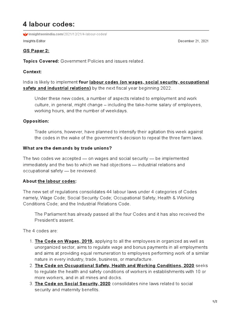 Overview of India's 4 Labour Codes | PDF | Labour Law | Employment