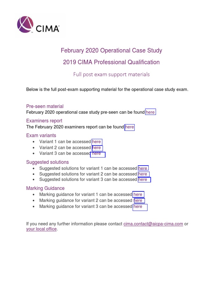 February 2020 Operational Case Study 2019 CIMA Professional ...