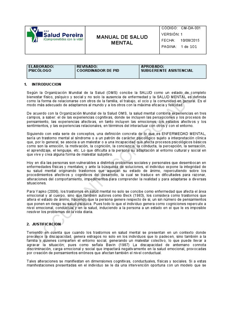 Manual de Salud Mental | Descargar gratis PDF | Salud mental | Psicoterapia