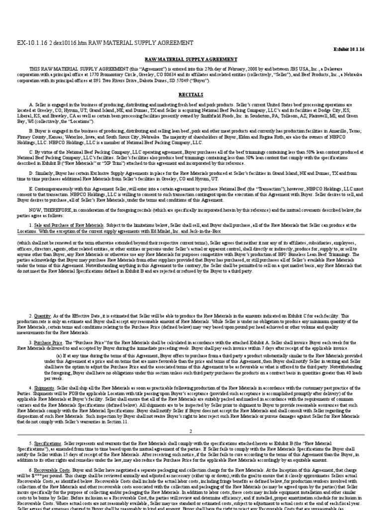 2 Dex10116.Htm Raw Material Supply Agreement PDF Indemnity