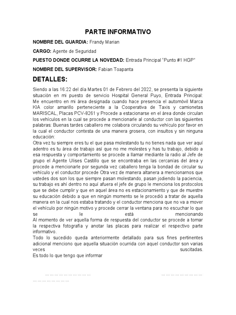 Parte de Novedades Guardia de Seguridad PDF
