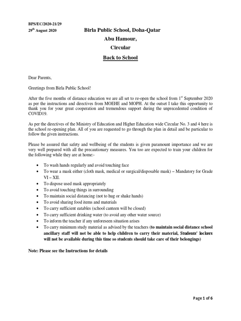 Birla Public School Doha Qatar Abu Hamour Circular Back To School