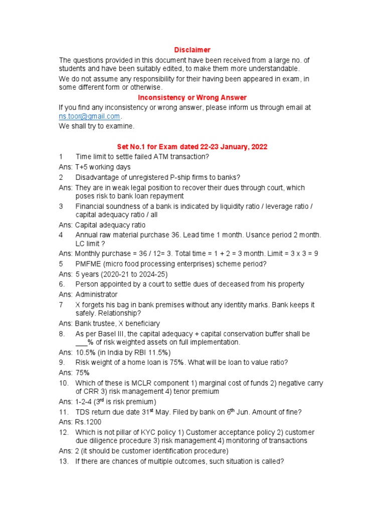 Banking Exam Questions and Answers | PDF | Banks | Reserve Bank Of India