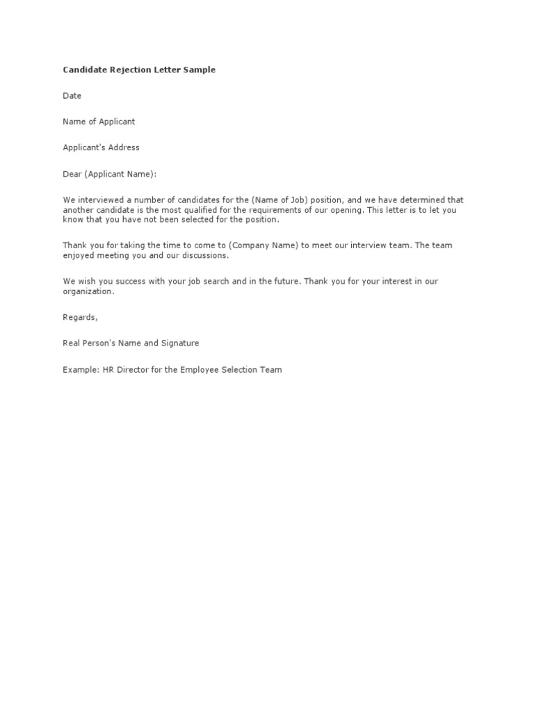 Candidate Rejection Letter Template | PDF