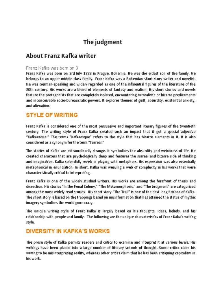 The Judgment About Franz Kafka Writer: Style of Writing | PDF | Franz ...