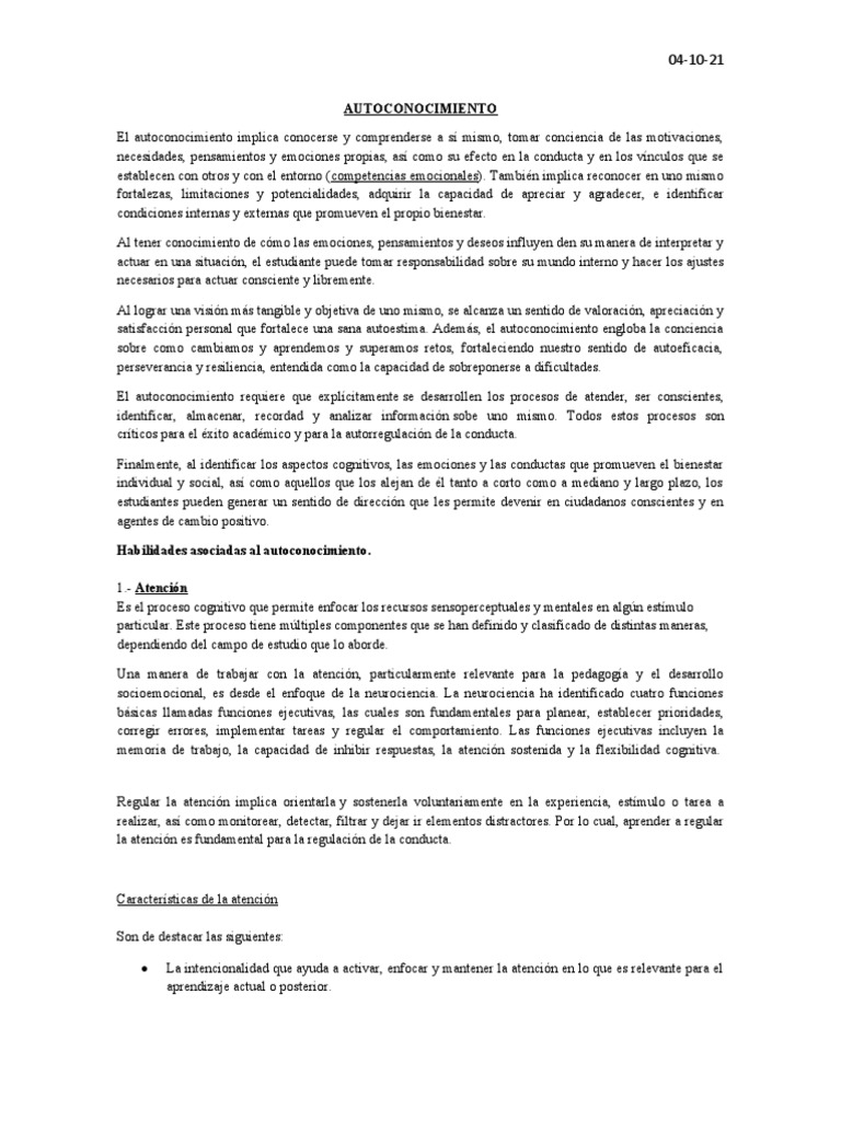 Autoconocimiento Pdf Atención Las Emociones