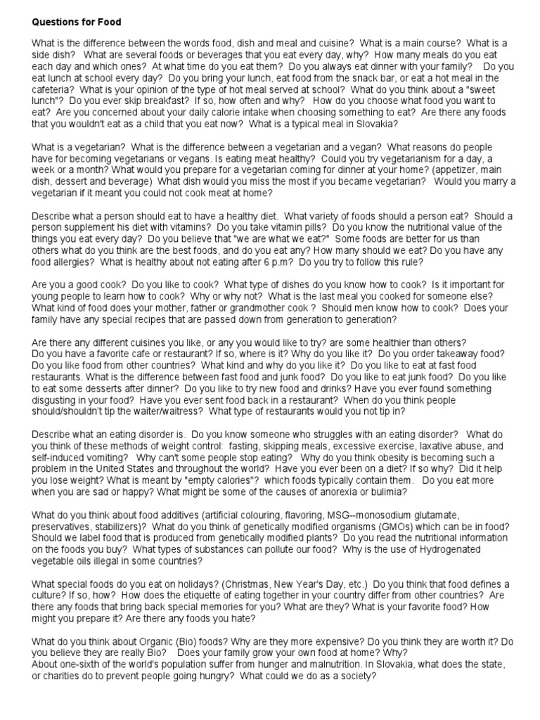 Questions For Food PDF Meal Foods