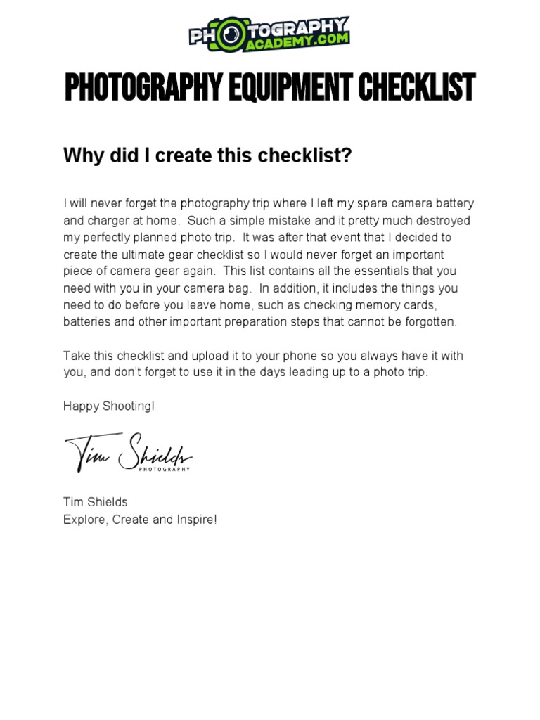 V5IUEfSITmpqnX4ghVqZ Photography Equipment Checklist 2 PDF Camera