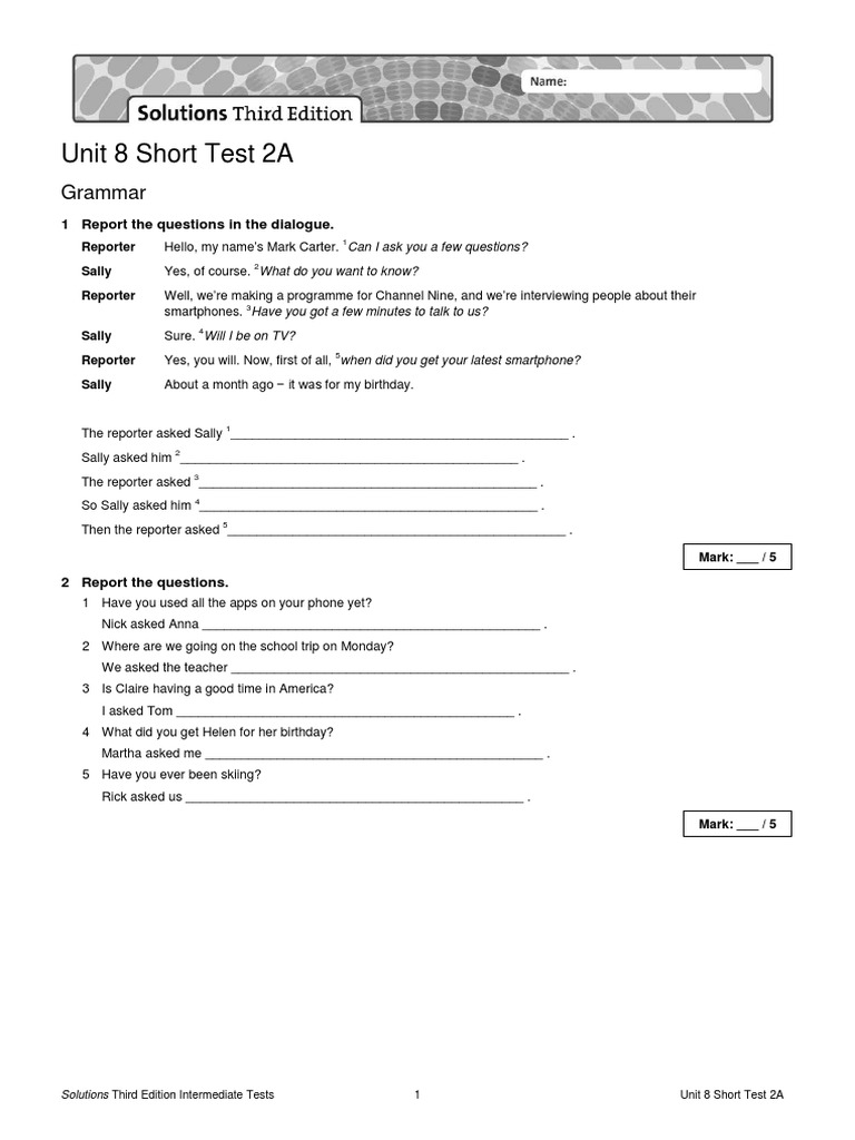 Unit 8 Short Test 2A: Grammar | PDF