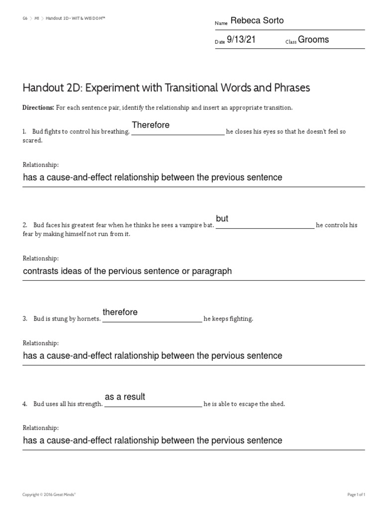 Handout 2D: Experiment With Transitional Words and Phrases: 9/13/21 ...