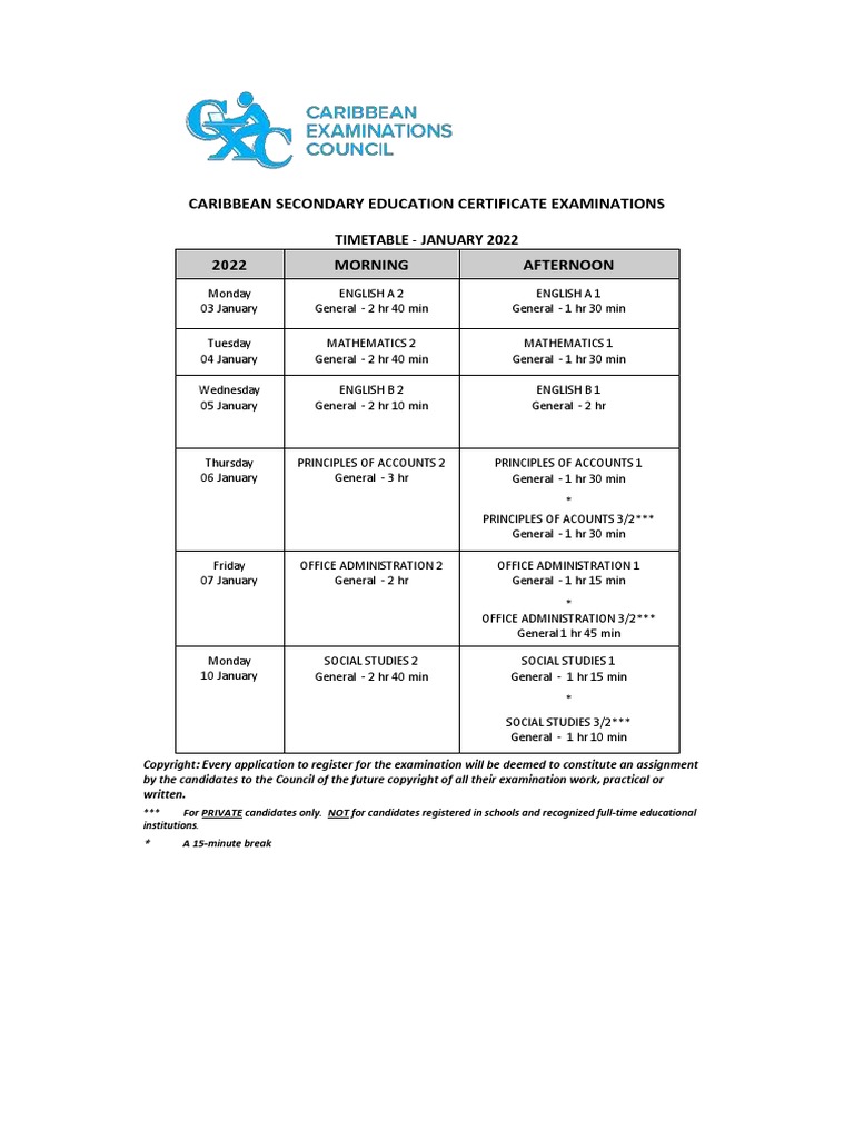 2022 Caribbean Secondary Education Certificate Examinations Timetable ...