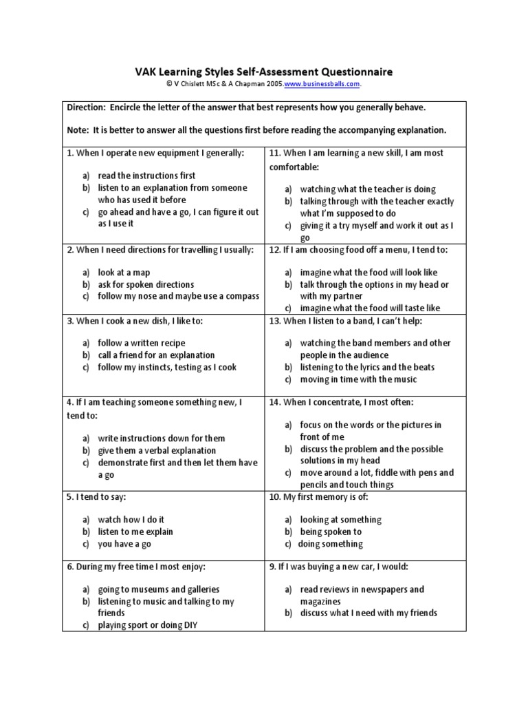 Participants' Handout1 - VAK Learning Styles Self | PDF | Cognition