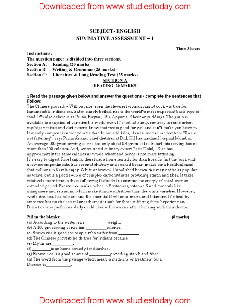 CBSE Class 10 English Sample Paper SA1 2017 With Answers | PDF ...