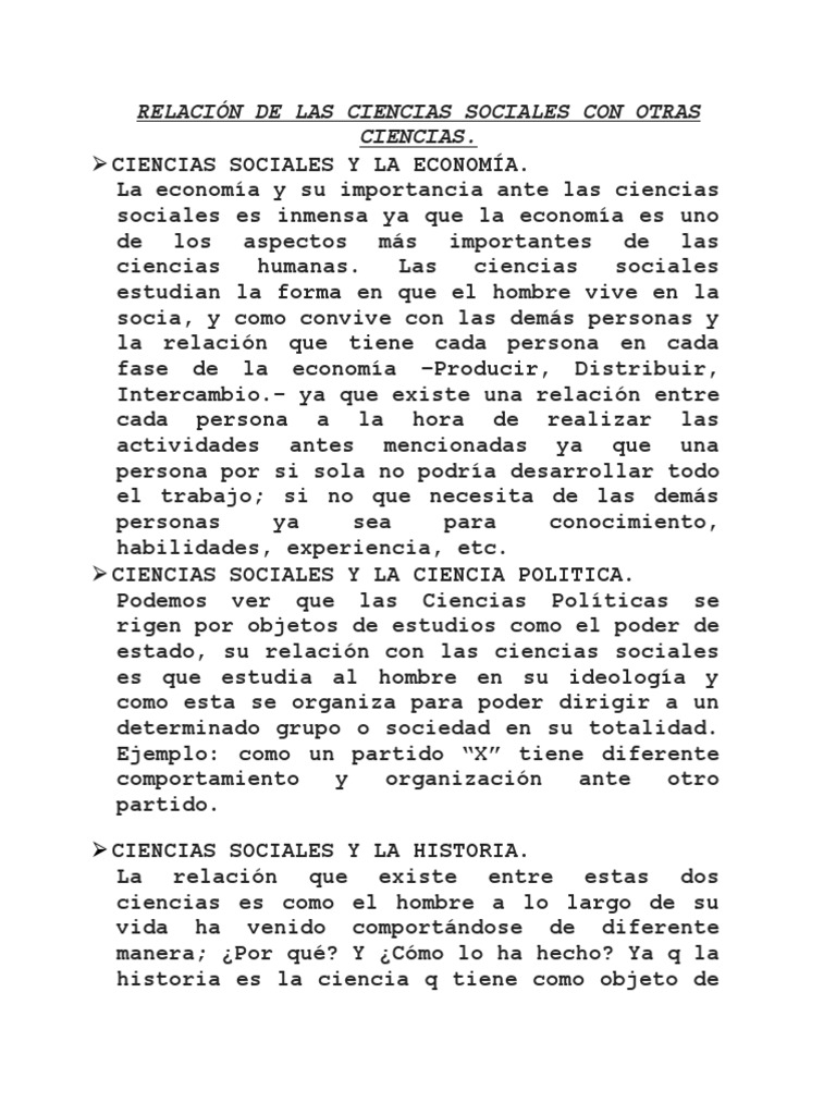 Relación de Ciencias Sociales y Otras Disciplinas | PDF | Sociedad ...