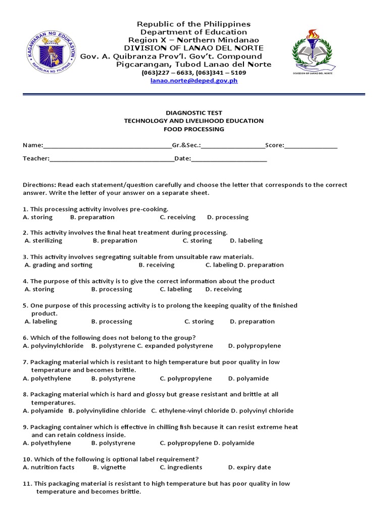 Food Processing Diagnostic Test | PDF | Hazard Analysis And Critical ...