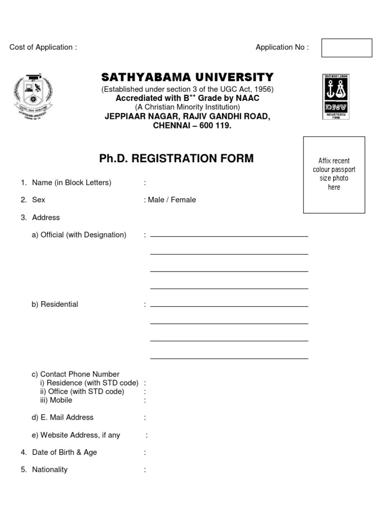 Sathyabama PH.D Application - Form | PDF | Career & Growth