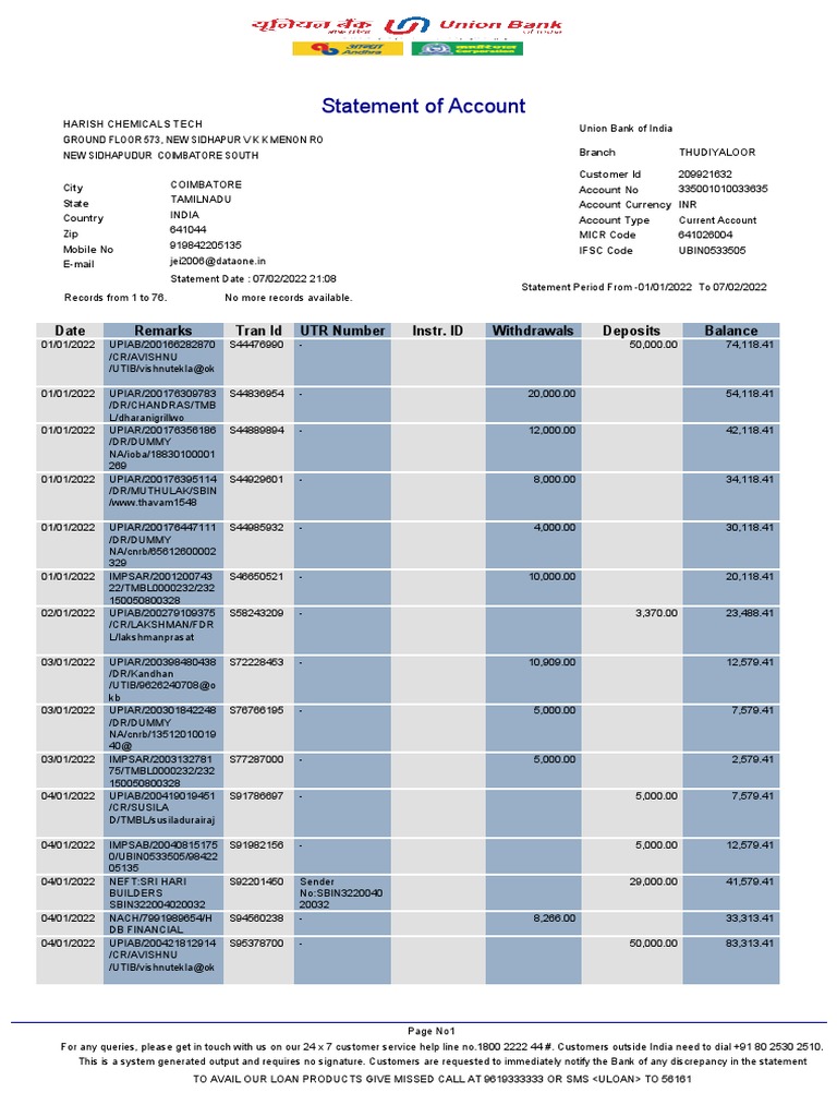 Union Bank UTR Number Statement | PDF | Economies | Financial Services ...