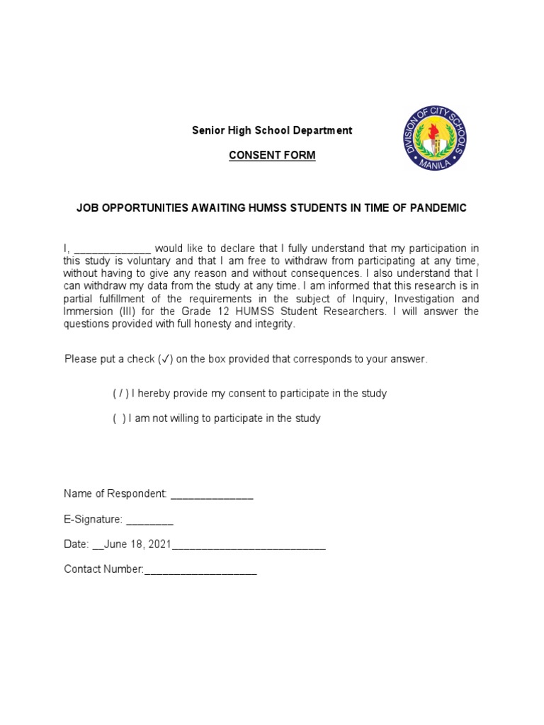 Senior High School Department Consent Form | PDF