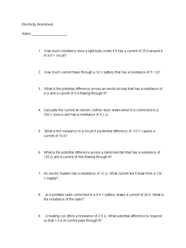 Template - Electricity Worksheet | PDF | Home & Garden