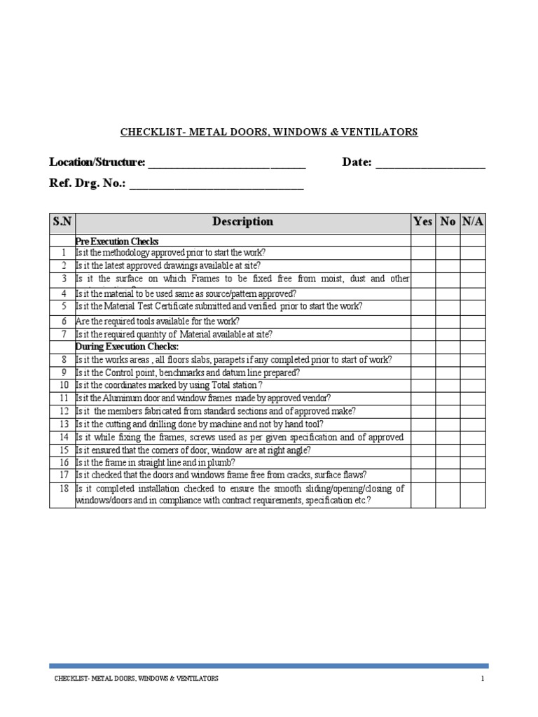25.ChecklistMetal Doors, Windows & Ventilators PDF Window Door