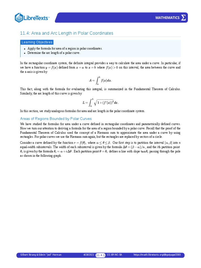 11 4 area and arc length in polar coordinates pdf area integral