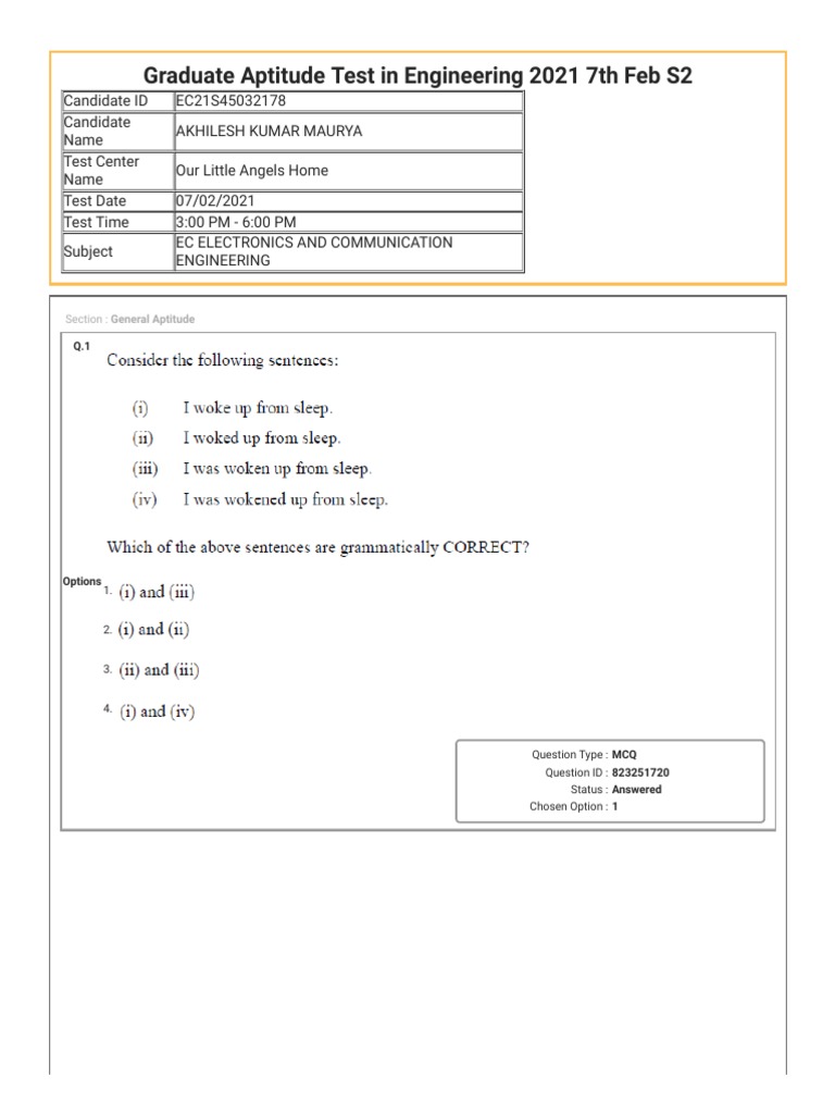 Graduate Aptitude Test in Engineering 2021 7th Feb S2 | PDF ...