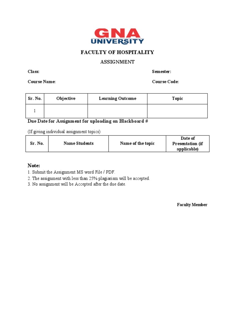 Faculty of Hospitality: Assignment Class: Semester: Course Name: Course ...