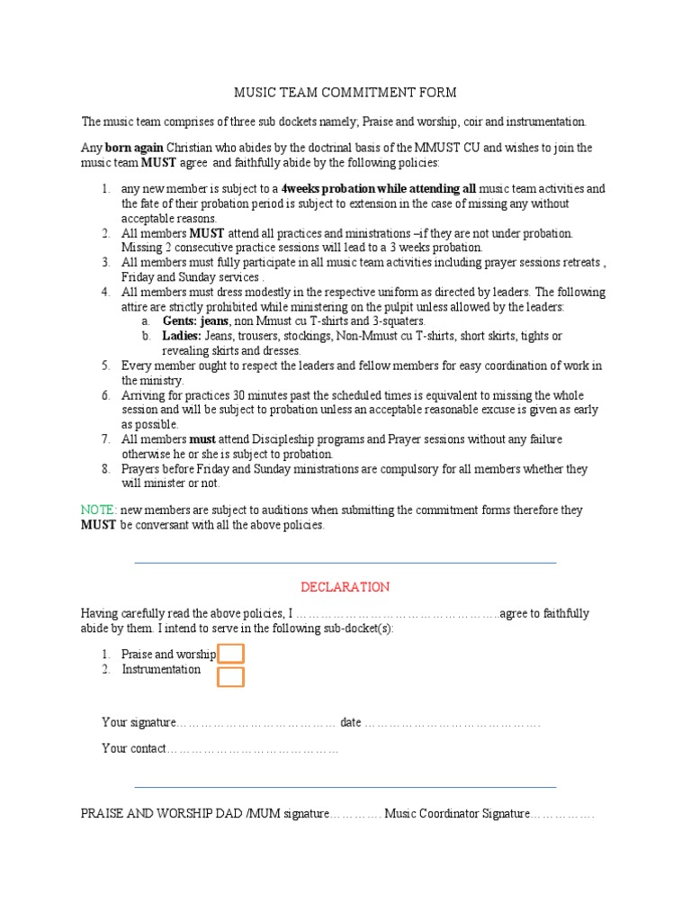 Music Team Commitment Guidelines | PDF