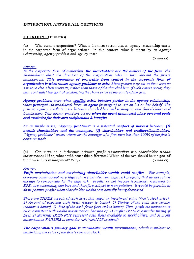 Relationship, Agency Problem and Agency Cost? Instruction Answer All Questions QUESTION 1 (15