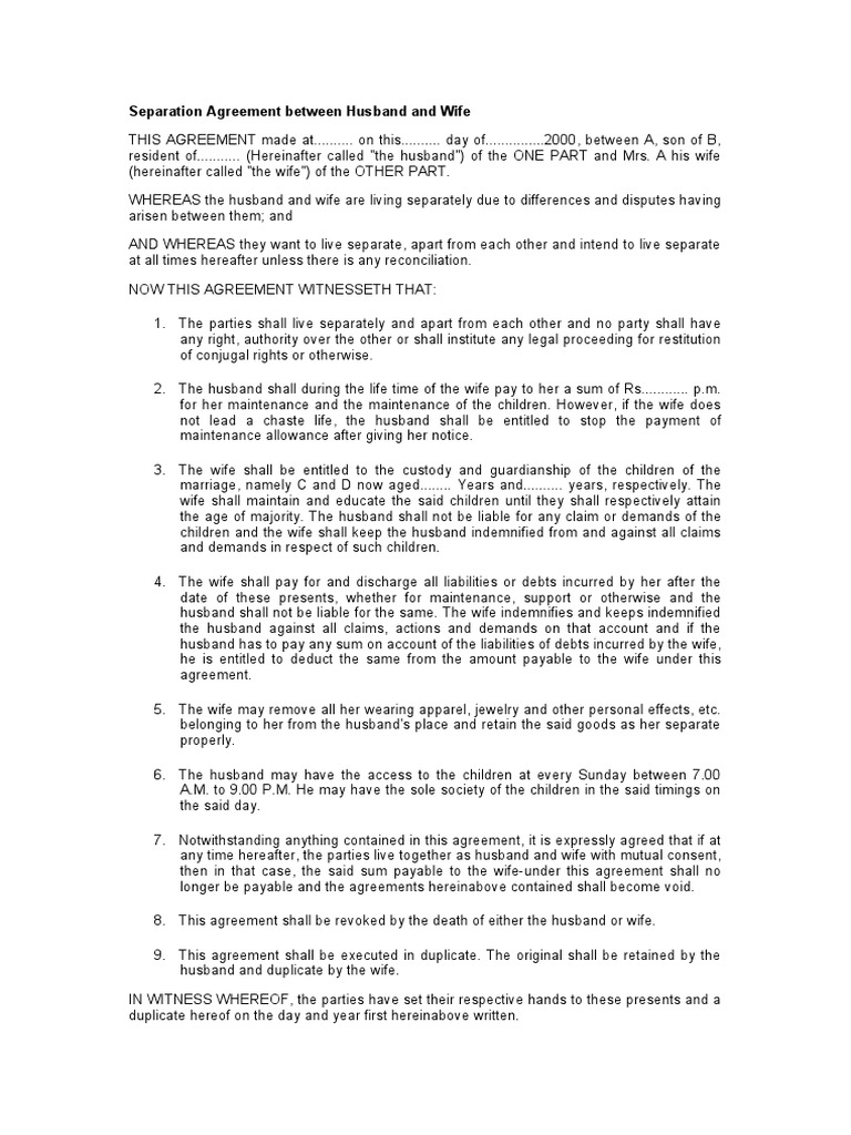 Separation Agreement Between Husband and Wife PDF Indemnity Civil