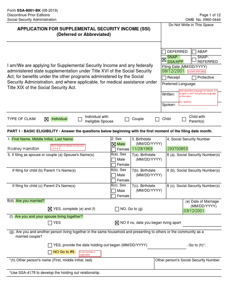 SSI Application Form SSA-8001-BK | PDF | Supplemental Security Income ...