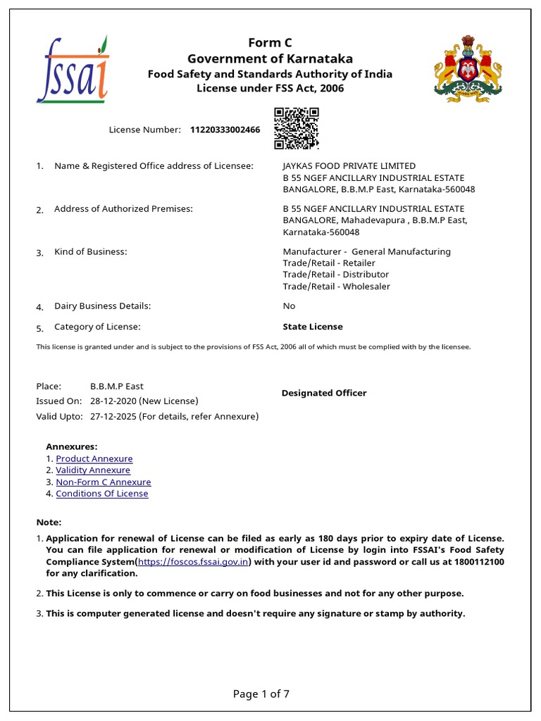 Form C Government of Karnataka Food Safety and Standards Authority of