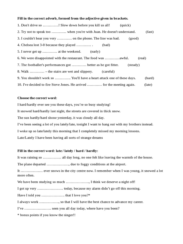 Irregular Adverbs Practice Worksheet | PDF | Language Arts & Discipline