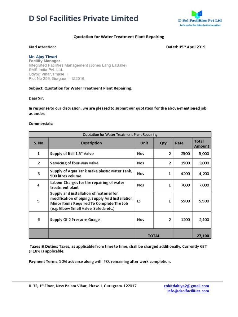 Quotation for Water Treatment Plant Repairing Supply and Installation