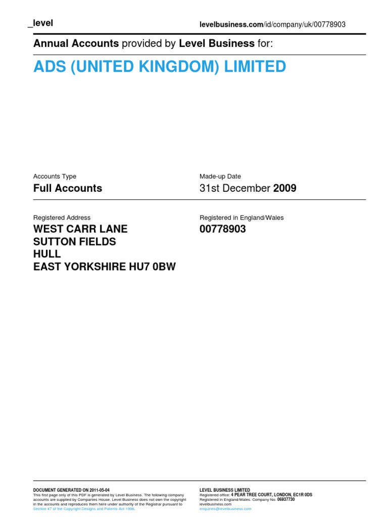 ADS (UNITED KINGDOM) LIMITED - Company Accounts From Level Business | PDF
