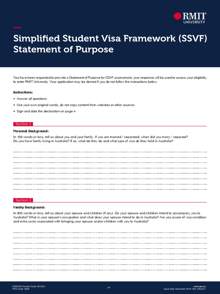 Simplified Student Visa Framework (SSVF) Statement of Purpose | PDF