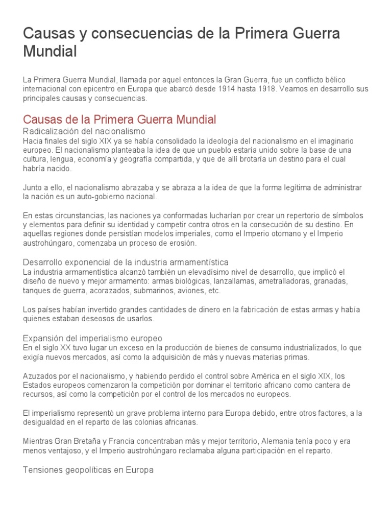 Causas y Consecuencias de la 1ra Guerra Mundial | PDF | Primera Guerra ...