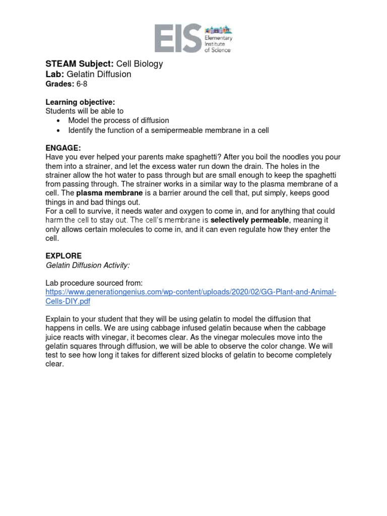 STEAM Subject Cell Biology Lab Gelatin Diffusion Grades 68