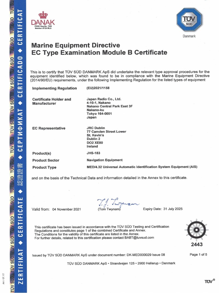 AIS JHS 183 Type Approval Certificate PDF Computing Computer