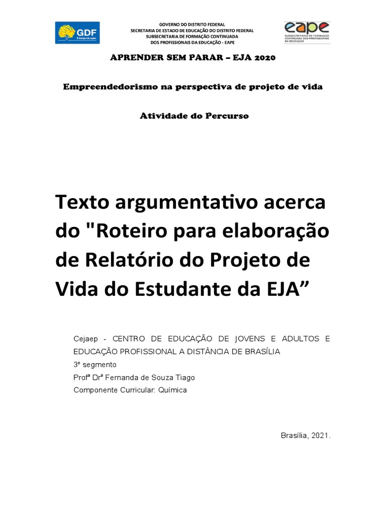 Roteiro de Projeto de Vida EJA EaD | PDF | Carreira e Crescimento ...