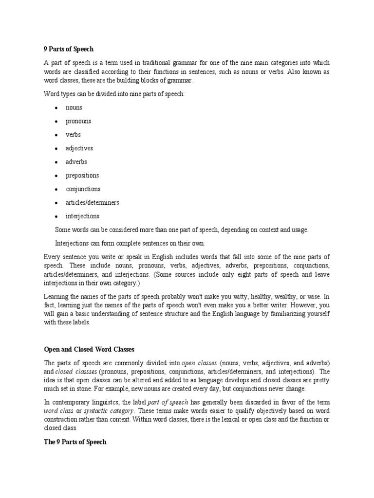 Understanding the 9 Parts of Speech | PDF | Part Of Speech | Noun