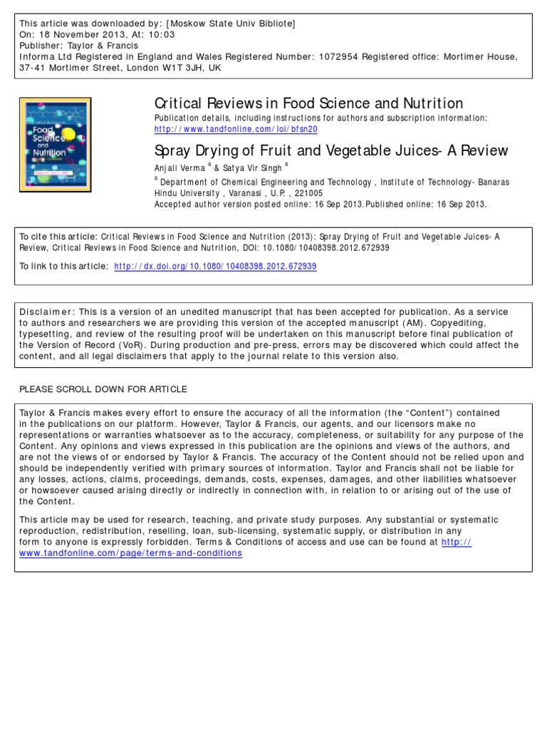 Spray Drying of Fruit and Vegetable Juices A Review PDF Freeze
